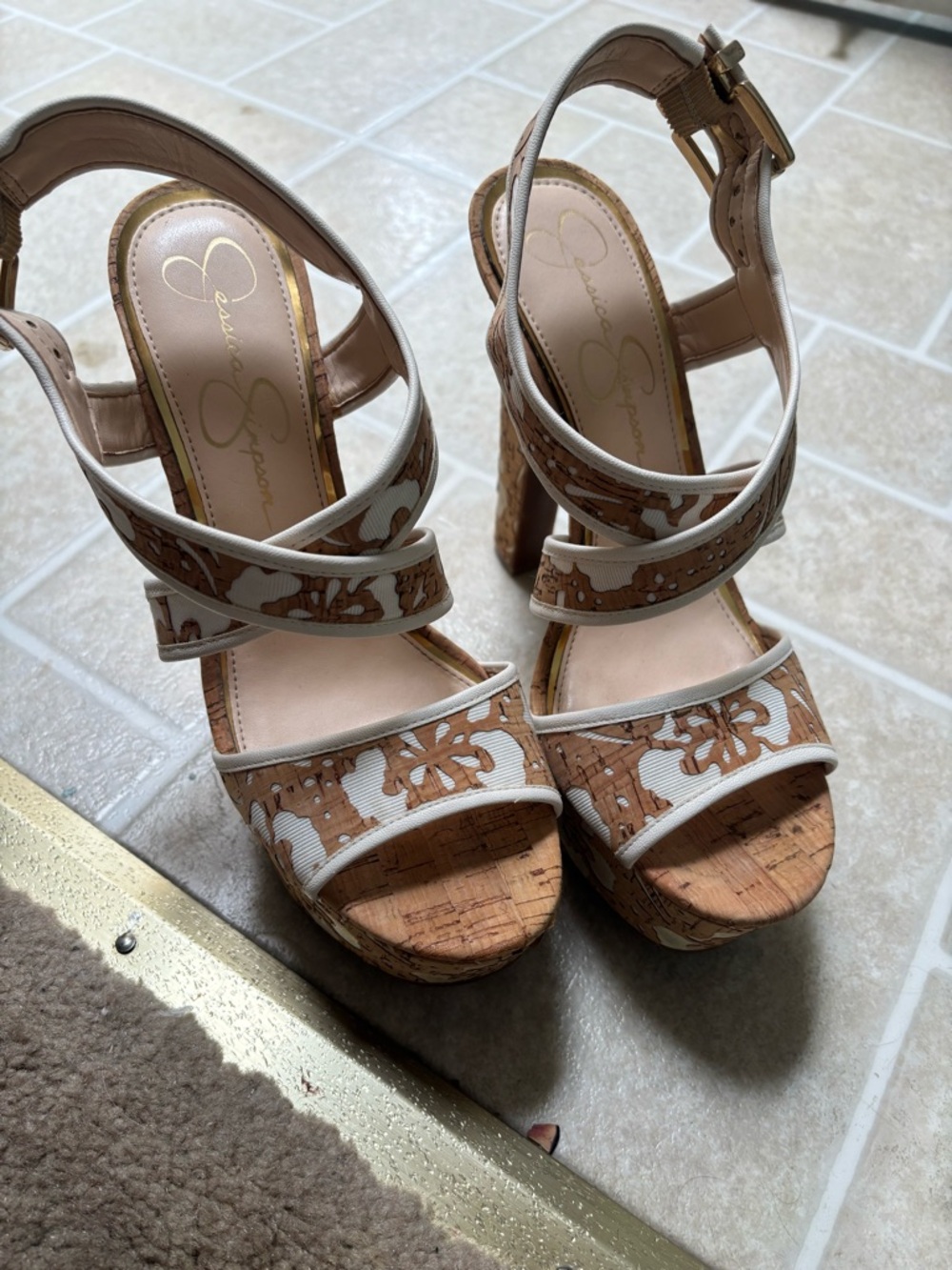 Jessica Simpson White and Brown Floral Cork Platform Sandals